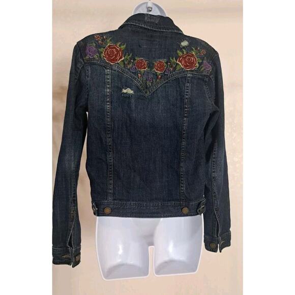 Blank NYC Denim Trucker Jacket Womens Distressed Floral Embroidered Sz XS - Picture 4 of 8